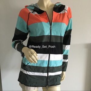 multi colored striped zip up hoodie size small